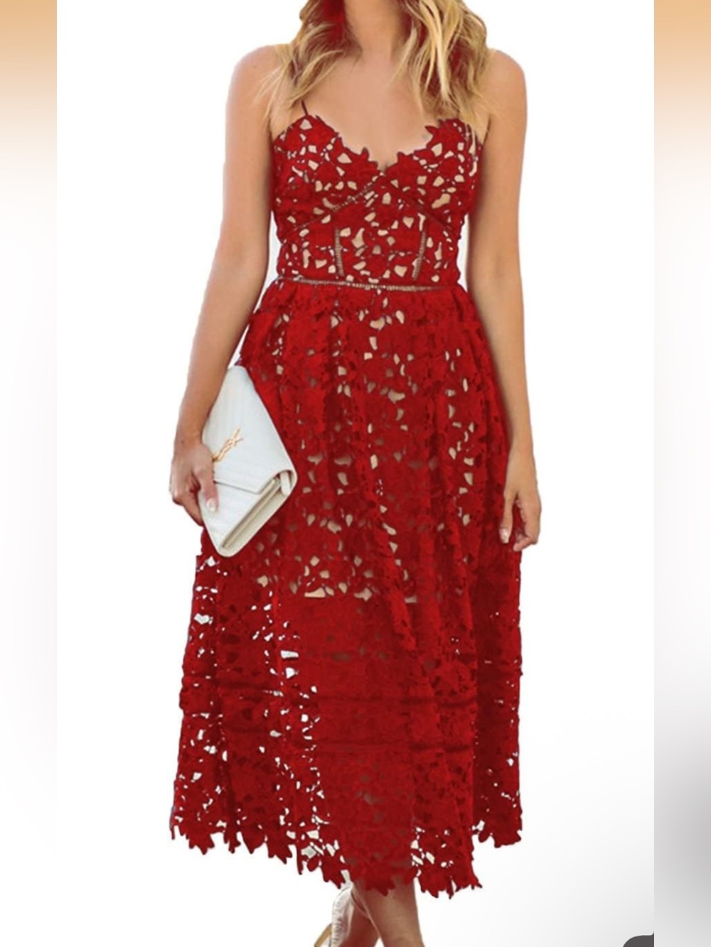 Red Crochet Lace Midi Dress with V-Neck and Spaghetti Straps